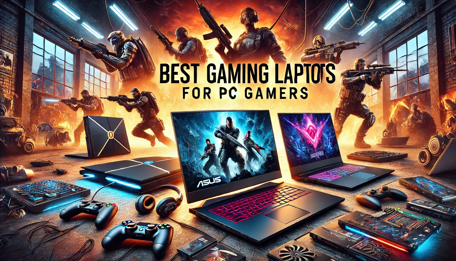 Featured image for the article 'Best Gaming Laptops for PC Gamers'. The image displays a selection of high-end gaming laptops from popular brands like ASUS, Alienware, and Razer. The background includes elements such as gaming setups, game scenes, and related accessories like headphones and mice. The text 'Best Gaming Laptops for PC Gamers' is prominently displayed in a bold and modern font, creating a sleek and visually appealing design to attract PC gamers.