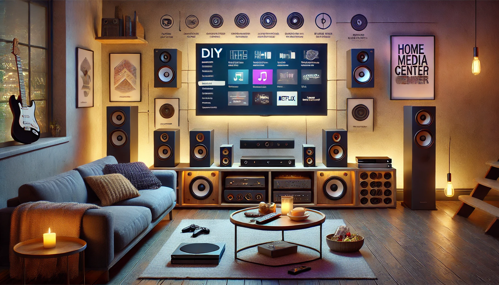 A cozy living room setup illustrating the creation of a home media center with DIY tips and tricks. The scene features a large flat-screen TV mounted on the wall, surrounded by speakers for a surround sound experience. A media console holds various devices like a streaming box, gaming console, and Blu-ray player. A comfortable sofa is positioned in front of the TV, with a coffee table holding remote controls, snacks, and a tablet displaying setup instructions. Ambient lighting and organized cable management emphasize the DIY aspect, creating an inviting and functional entertainment space.