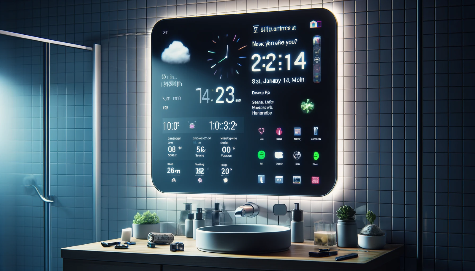 A modern bathroom featuring a DIY smart mirror setup, integrated with a sleek mirror surface displaying digital information such as the time, weather updates, and calendar events. The scene includes the tools and components used for the project, like a Raspberry Pi, display screen, and sensors, arranged neatly on a bathroom counter. The mirror is mounted above a stylish sink, surrounded by ambient lighting, highlighting the DIY process of transforming an ordinary mirror into a smart device that enhances daily routines.