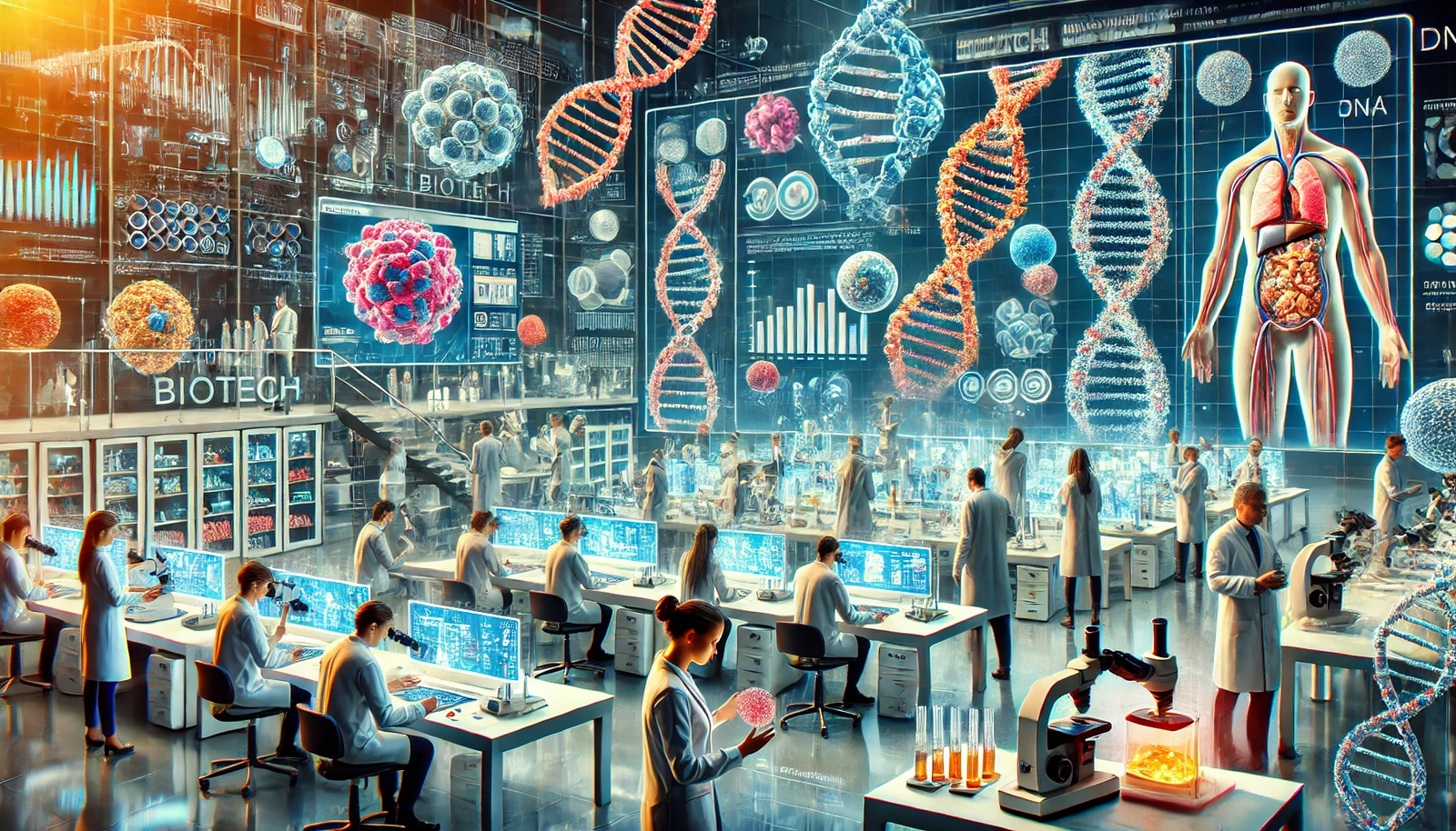 An illustration showcasing the rise of biotechnology in modern medicine, featuring a state-of-the-art biotech lab with researchers working on innovative projects. Visible are gene editing tools like CRISPR, 3D bioprinters creating tissue samples, and advanced diagnostic machines. Scientists examine digital models of DNA and cellular structures on large screens. The atmosphere is dynamic and forward-thinking, highlighting how biotechnology is revolutionizing healthcare with breakthroughs in genetic engineering, personalized medicine, and regenerative therapies. Visuals include microscopes, lab equipment, and interactive displays highlighting recent medical advancements.