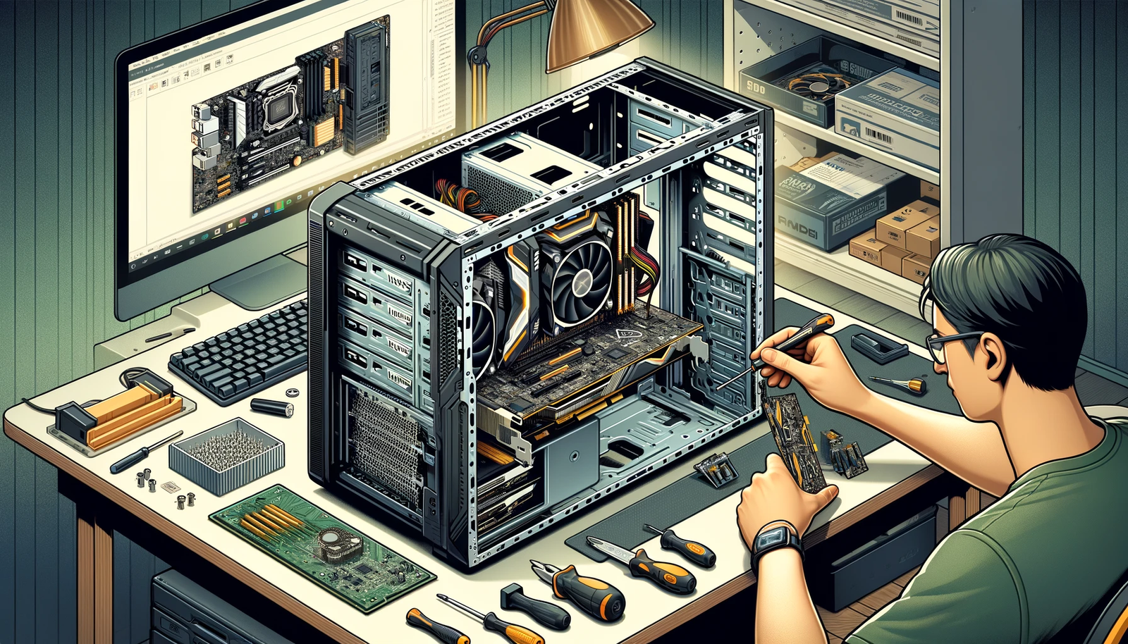 A detailed step-by-step illustration of installing a new graphics card in a PC. The scene shows an open computer case on a desk with the side panel removed, with components like the motherboard, power supply, and RAM clearly visible. A person is carefully holding a new graphics card, preparing to insert it into the PCIe slot on the motherboard. Tools like a screwdriver and an anti-static wrist strap are on the desk. The background includes a monitor displaying an installation guide and a workspace neatly organized with computer parts and cables, highlighting the process of upgrading a PC with a new graphics card.