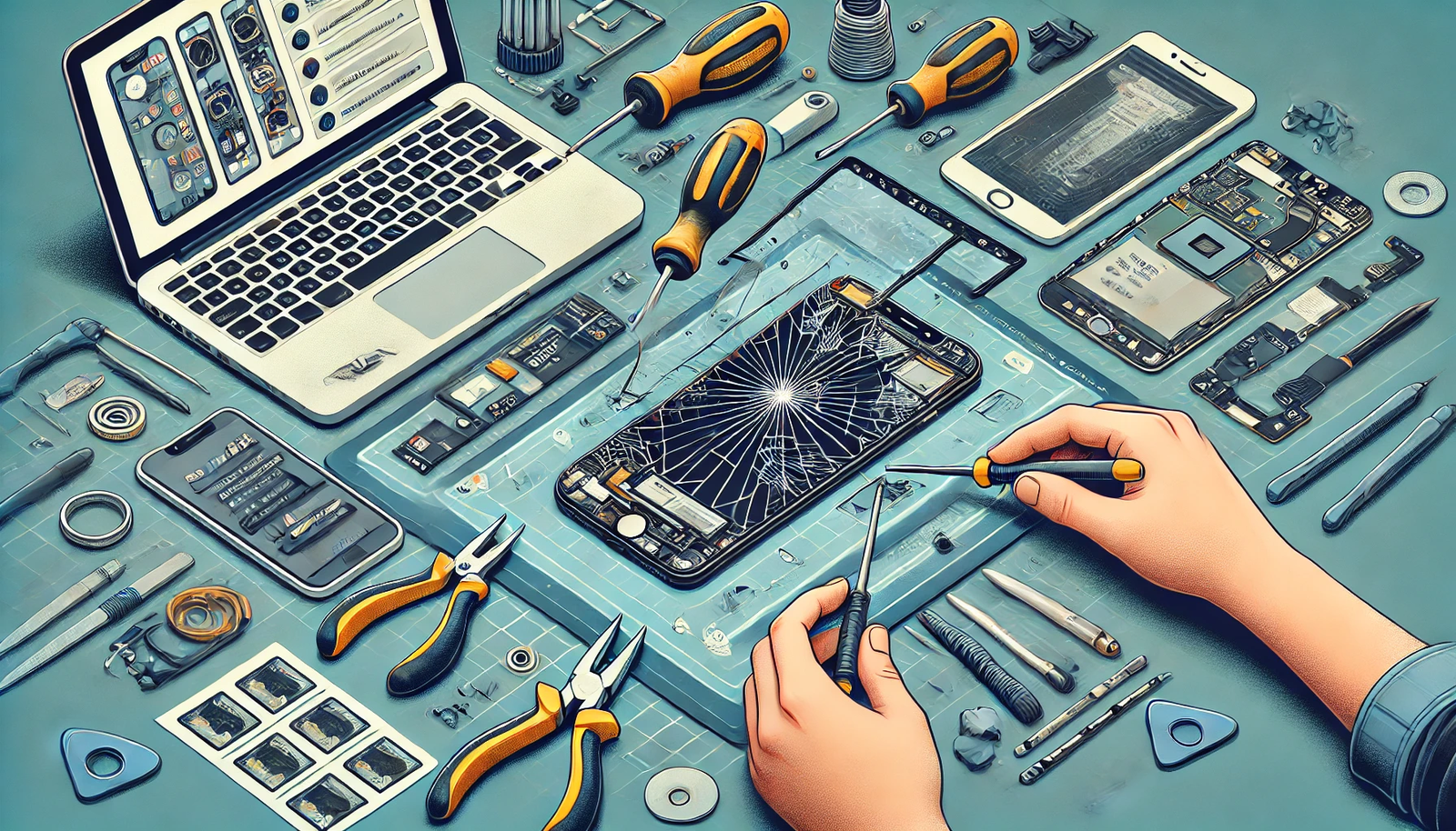 A detailed step-by-step illustration of replacing a broken smartphone screen. The scene shows a workspace with a smartphone on a repair mat, displaying a cracked screen. Tools such as a screwdriver set, suction cup, spudger, and tweezers are neatly arranged. A person is carefully lifting the broken screen with a suction cup, preparing to remove it. Replacement parts like a new screen and adhesive strips are visible. A laptop or tablet nearby displays a repair guide with instructions, emphasizing the DIY process of repairing a smartphone screen.