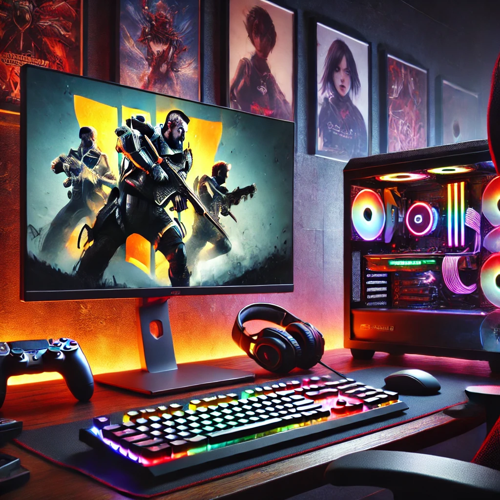 A high-performance gaming setup with a modern desktop computer featuring RGB lighting, a large monitor displaying an action-packed game, and a sleek mechanical keyboard with colorful keycaps. The scene includes a gaming chair, headset, and gaming posters on the wall, creating a vibrant and immersive atmosphere highlighted by glowing lights.