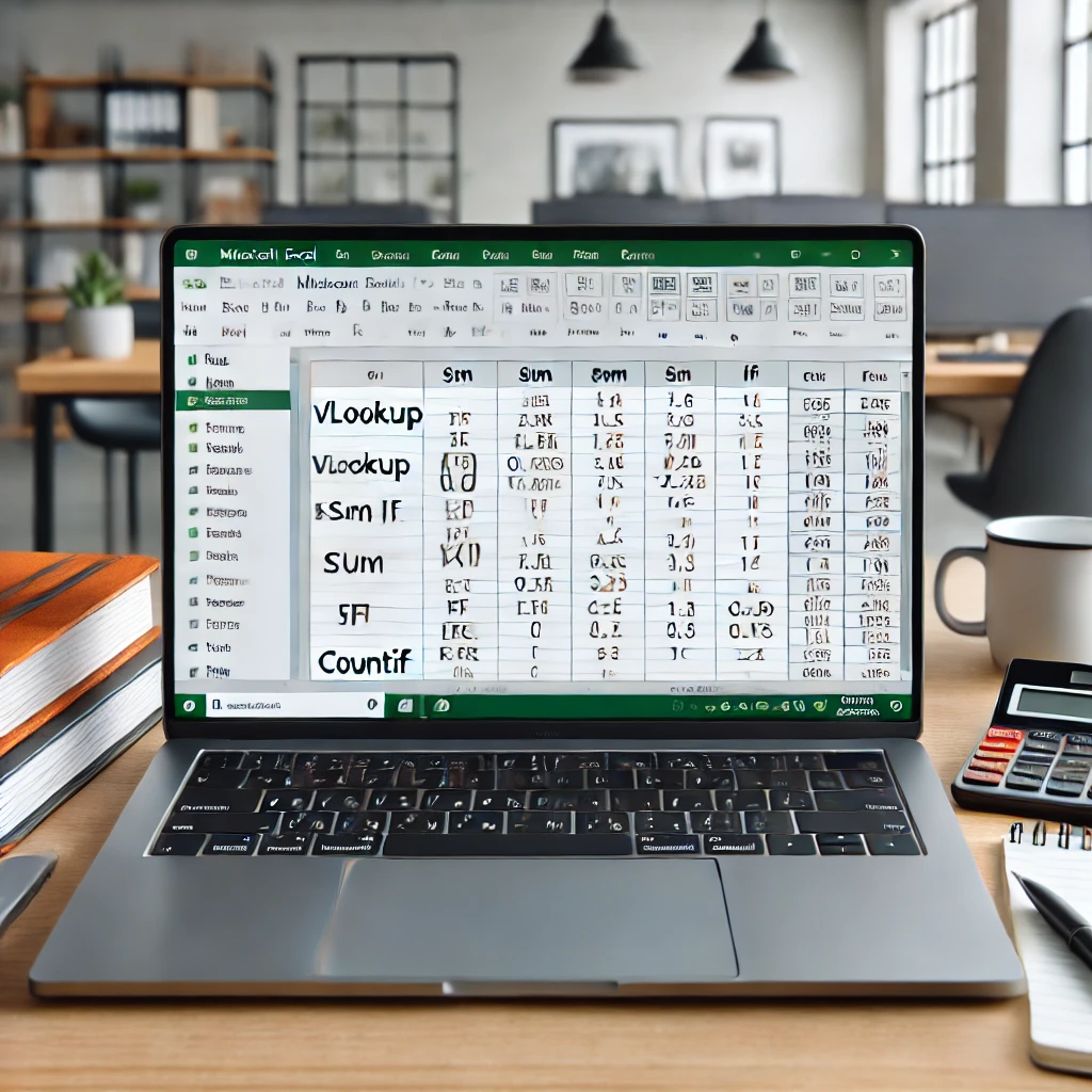 A professional workspace with a laptop displaying Microsoft Excel, featuring a spreadsheet with functions like VLOOKUP, SUM, IF, and COUNTIF. The desk includes a notepad with handwritten notes on Excel formulas, a calculator, and a cup of coffee. The background is an organized office environment with minimalistic decor, emphasizing productivity and the power of essential Excel functions.