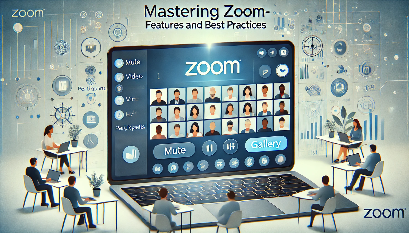 The image shows a laptop screen displaying the Zoom interface with multiple participants in gallery view. Visible controls like mute, video on/off, and the participants list are present. The background has a modern, tech-inspired design with subtle communication and connectivity icons. The title of the article is displayed prominently in a professional, sleek font, and the color scheme matches Zoom's branding with blues, whites, and grays.