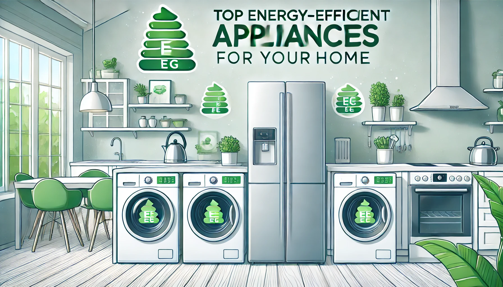 The image shows modern, energy-efficient home appliances, including a refrigerator, washing machine, and dishwasher, all displayed in a contemporary kitchen setting. Each appliance features sleek designs with visible energy efficiency labels or symbols. The background is bright and clean, emphasizing sustainability. The title of the article is displayed in an eco-friendly, modern font, with shades of green and white to reflect the theme of energy efficiency.