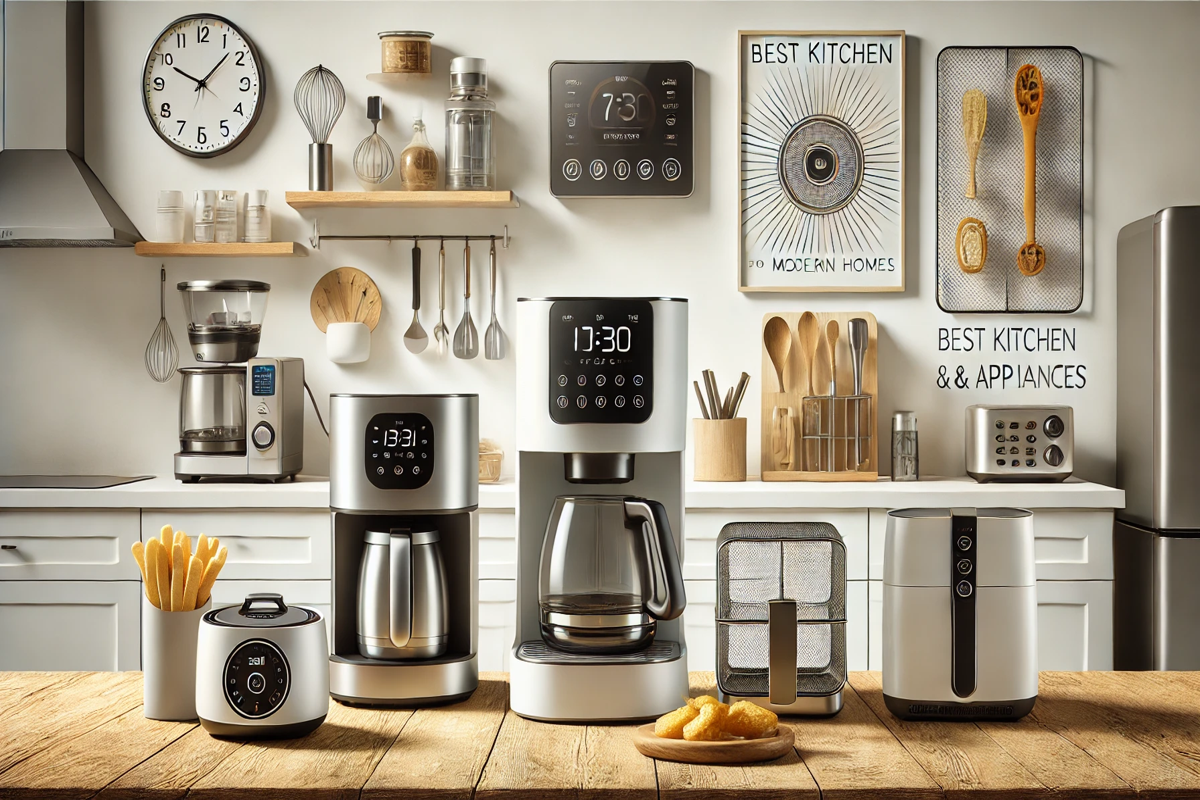 The image shows a variety of modern kitchen gadgets and appliances, including a smart coffee maker, air fryer, and blender, all displayed in a bright, contemporary kitchen setting. The design is sleek and minimalist, with neutral tones like white, gray, and metallic accents reflecting a modern home aesthetic. The title of the article is displayed in a stylish, modern font, emphasizing innovation and a modern lifestyle.