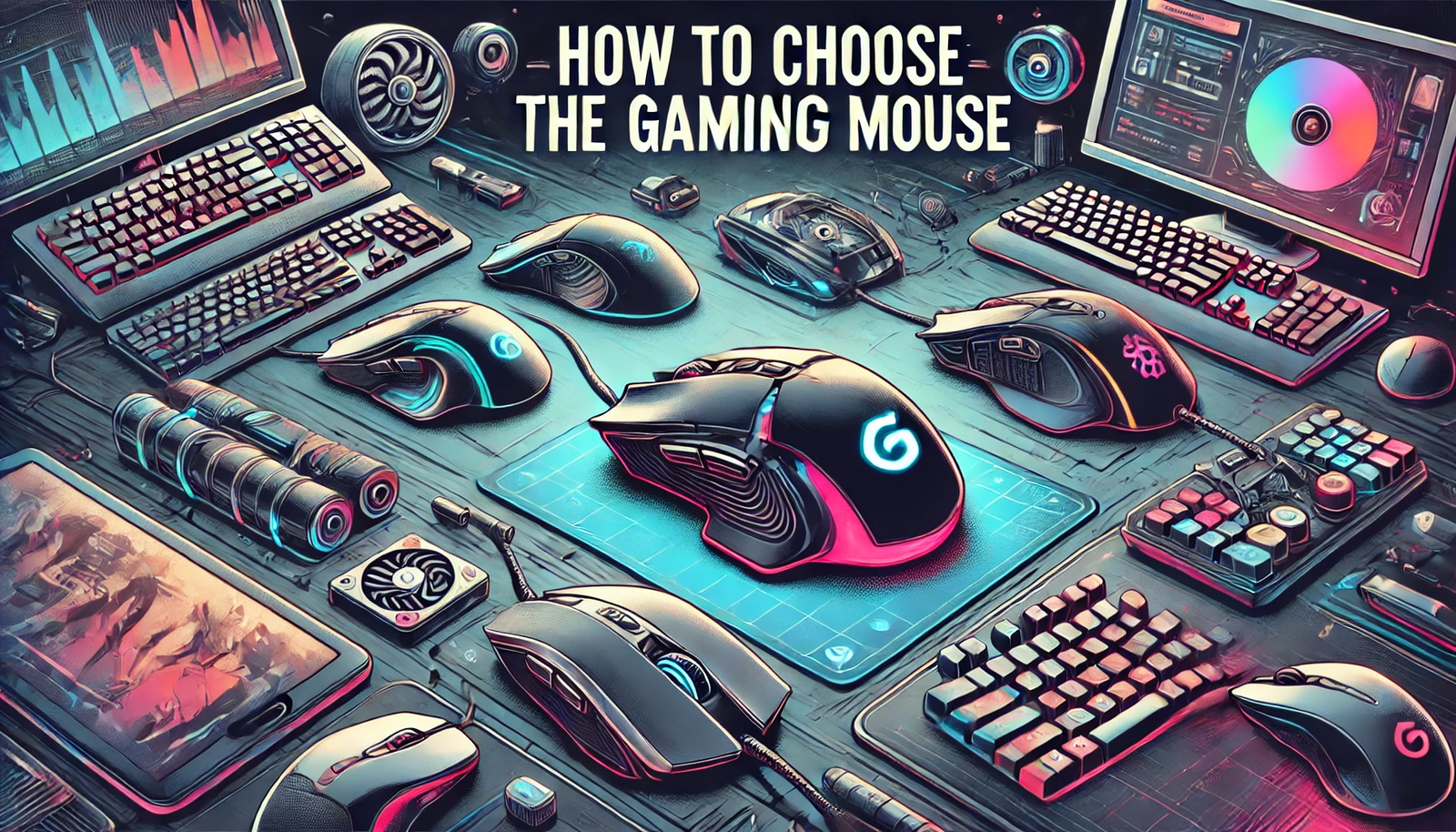 Featured image for the article 'How to Choose the Right Gaming Mouse'. The image displays a variety of high-end gaming mice with different designs, shapes, and colors. The background includes elements such as gaming setups, mousepads, and related accessories like keyboards and monitors. The text 'How to Choose the Right Gaming Mouse' is prominently displayed in a bold and modern font, creating an informative and visually appealing design to help readers make an informed choice.