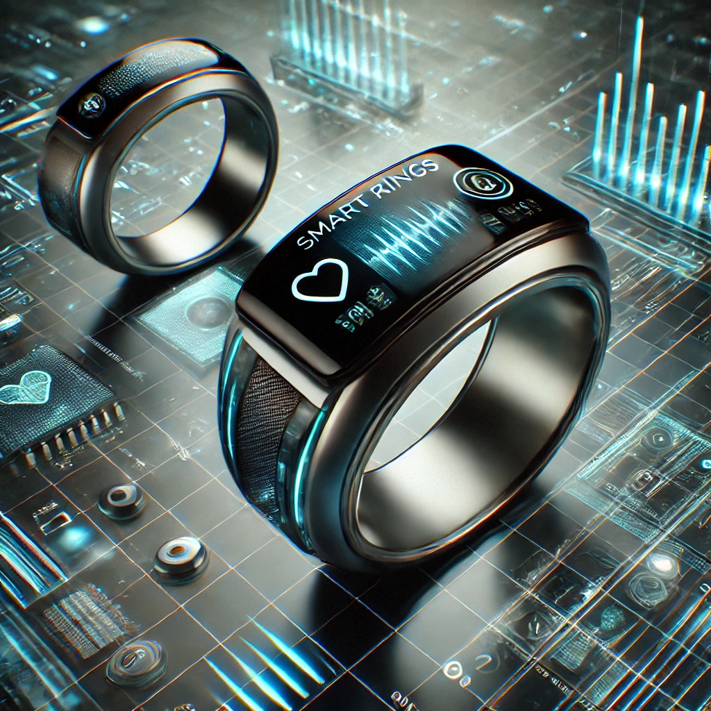 The image showcases modern smart rings in a sleek, futuristic environment, emphasizing innovation and cutting-edge technology.