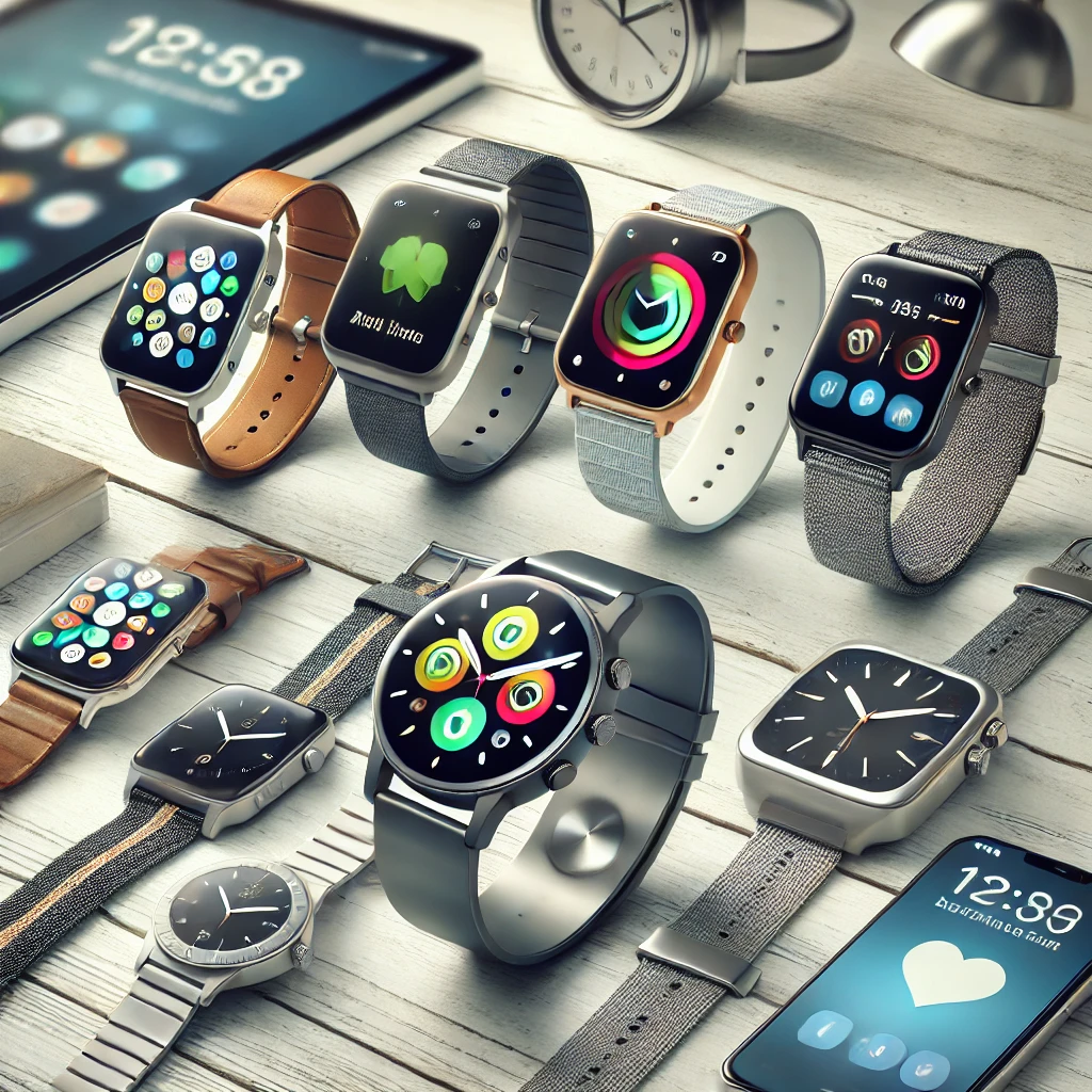 The image showcases a variety of modern smartwatches compatible with both Android and iOS devices in a sleek, tech-savvy environment.