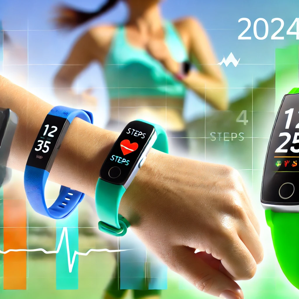 The image showcases modern fitness trackers in a vibrant and active setting, reflecting health and fitness.