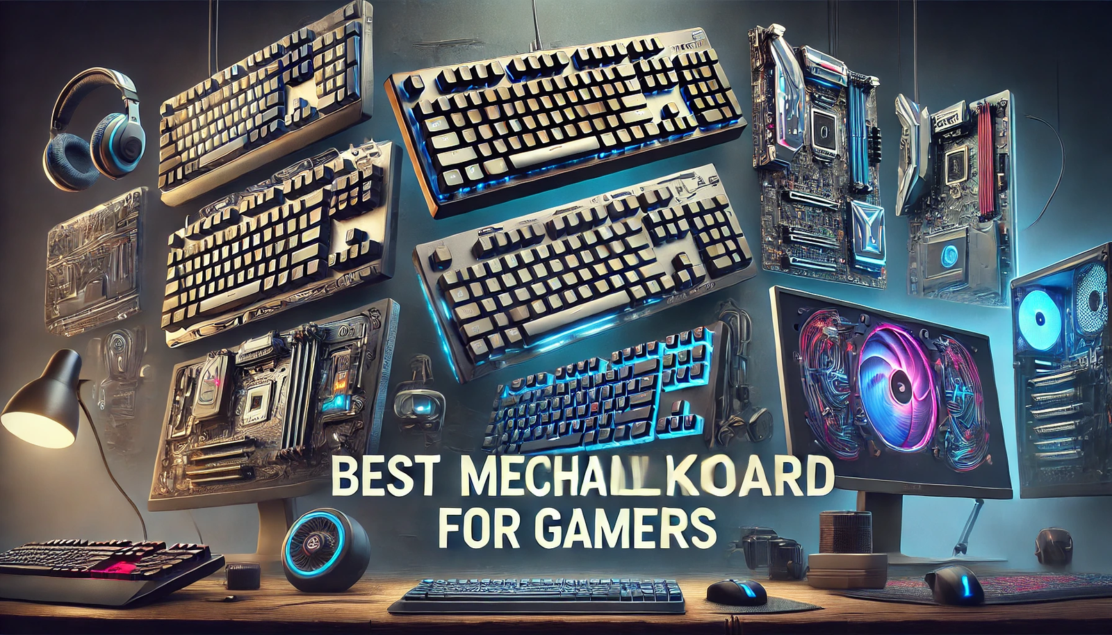 Featured image for the article 'Best Mechanical Keyboards for Gamers'. The image displays a variety of high-end mechanical keyboards with different designs, colors, and lighting effects. The background includes elements such as gaming setups, monitors, and other related accessories like mice and headphones. The text 'Best Mechanical Keyboards for Gamers' is prominently displayed in a bold and modern font, creating a sleek and visually appealing design to attract gamers looking for the best keyboard options.