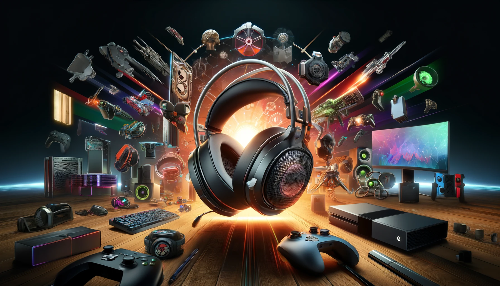 Featured image for the article 'Top Gaming Headsets for Immersive Gameplay'. The image displays a variety of high-end gaming headsets with different designs, colors, and features. The background includes elements such as gaming setups, consoles, and related accessories like keyboards and mice. The text 'Top Gaming Headsets for Immersive Gameplay' is prominently displayed in a bold and modern font, creating a sleek and visually appealing design to attract gamers looking for the best audio options.