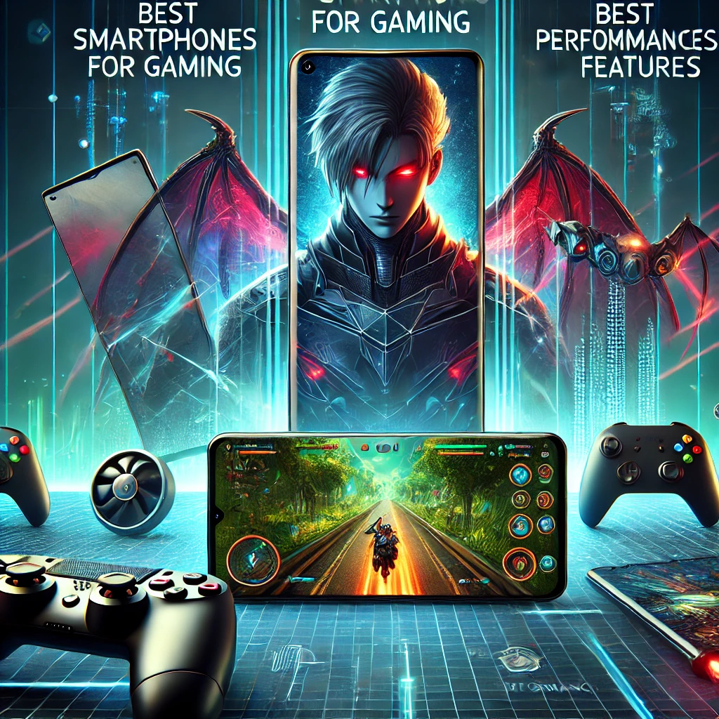 The image highlights modern gaming smartphones in a dynamic gaming environment, reflecting gaming culture with vibrant accents and tech-inspired elements.