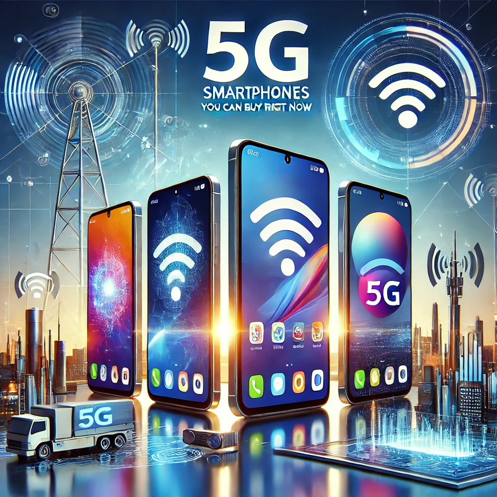 The image showcases modern 5G smartphones in a tech-savvy environment, highlighting speed and connectivity.