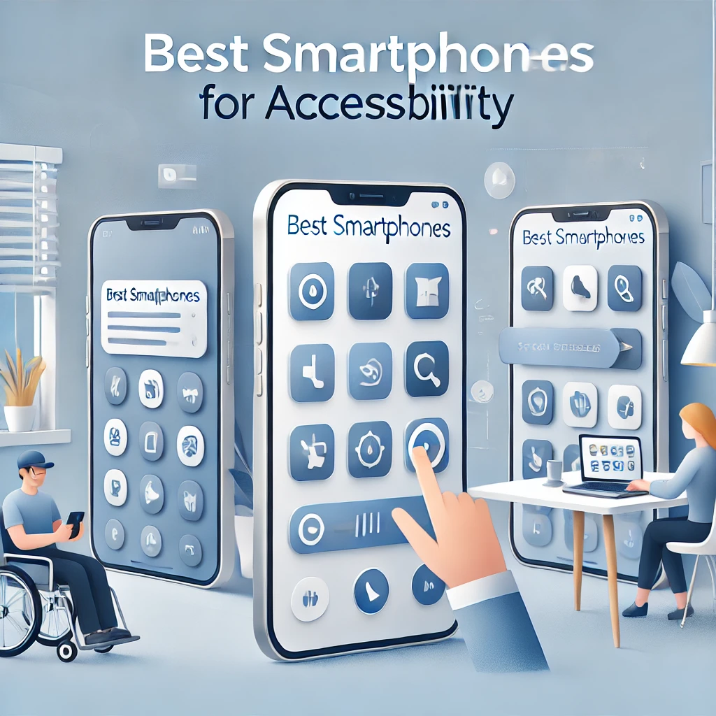 The image showcases smartphones with accessibility features, reflecting inclusivity and ease of use.