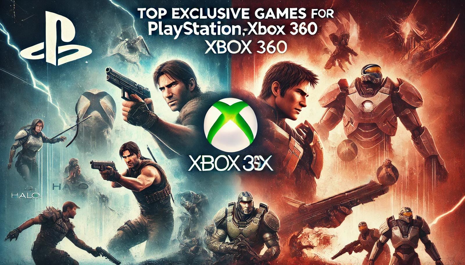 Featured image for the article 'Top Exclusive Games For PlayStation and Xbox 360'. The image showcases iconic exclusive games from both consoles, including 'Uncharted', 'God of War', and 'Halo'. The background is a blend of PlayStation and Xbox themes with their respective logos. The text 'Top Exclusive Games For PlayStation and Xbox 360' is prominently displayed in a bold and modern font, creating an eye-catching and engaging design appealing to fans of both consoles.