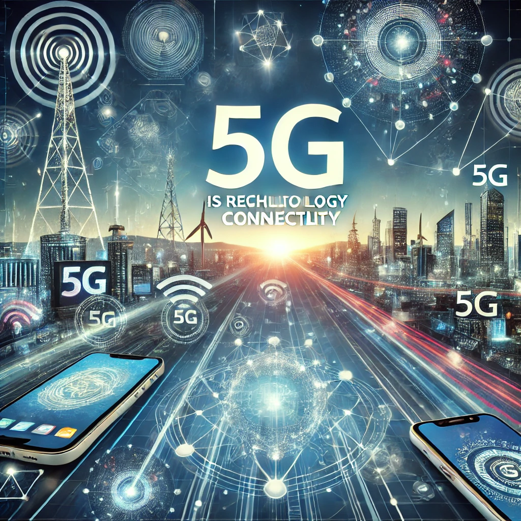 The image highlights elements of 5G technology, reflecting speed, innovation, and connectivity