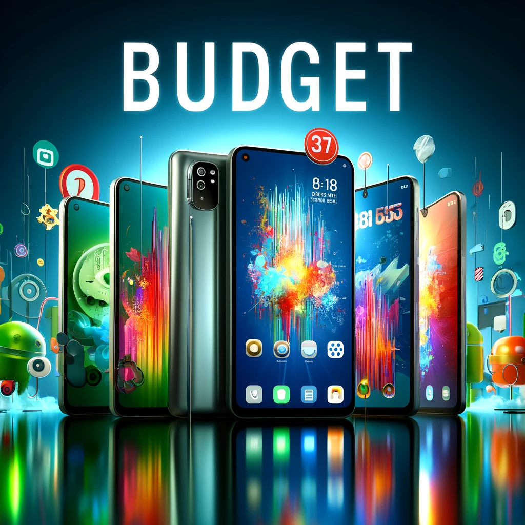 The image showcases a selection of budget-friendly smartphones, reflecting affordability and smart technology.