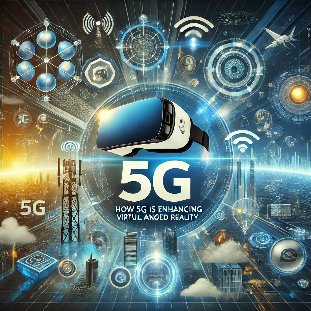 The image showcases VR and AR devices with a focus on immersive environments and fast 5G connectivity.