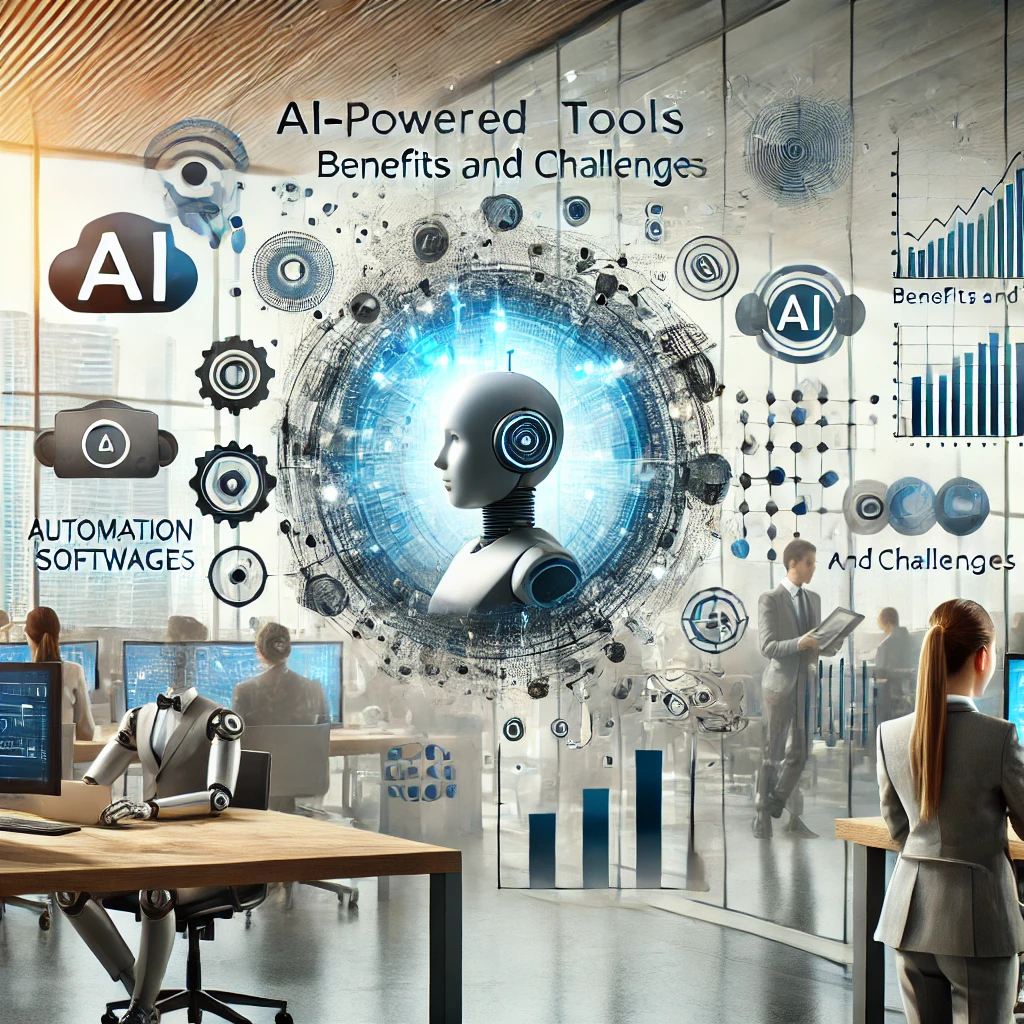 The image showcases AI-powered business tools in a modern office environment, reflecting productivity and technology integration.