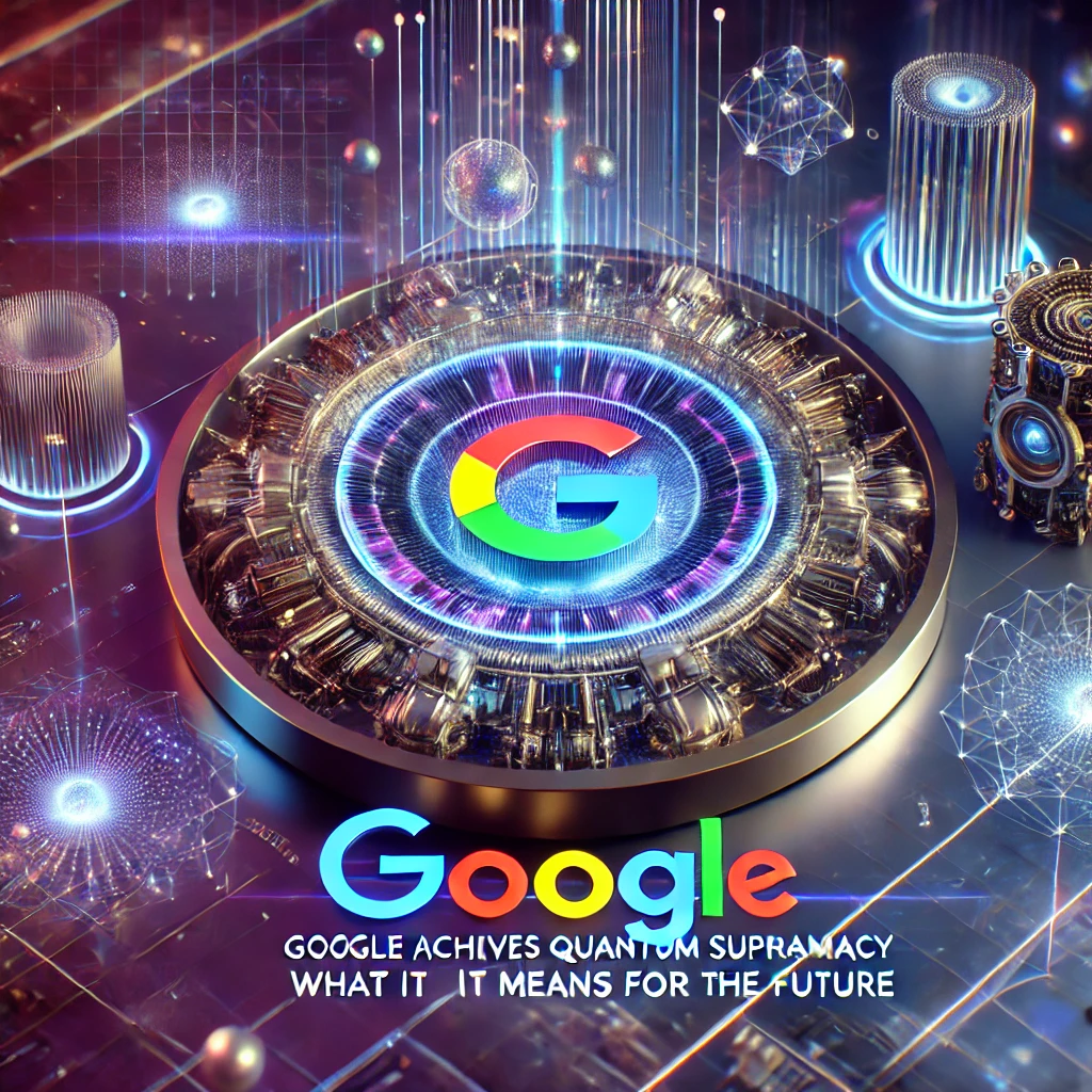 The image showcases quantum computing elements, reflecting Google's achievement and the groundbreaking nature of quantum supremacy.