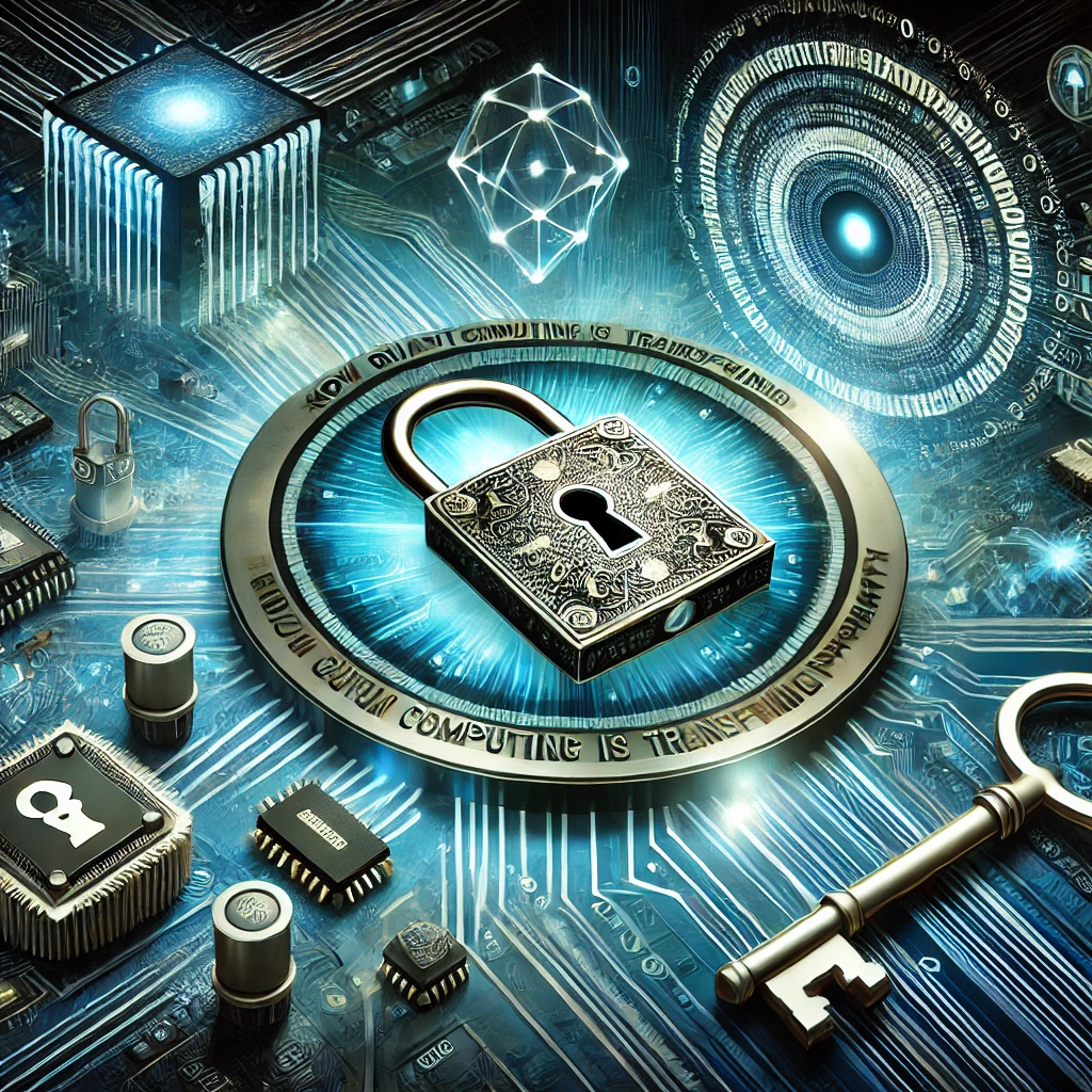 The image highlights the intersection of quantum technology and cryptography, reflecting advanced security and technology.