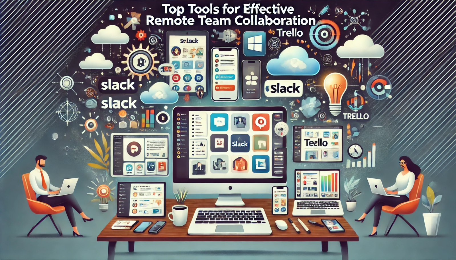 Featured image for the article 'Top Tools for Effective Remote Team Collaboration'. The image displays various devices such as laptops, tablets, and smartphones showing interfaces of popular collaboration tools like Slack, Microsoft Teams, and Trello. The background includes elements like project management icons, chat bubbles, and collaboration symbols. The text 'Top Tools for Effective Remote Team Collaboration' is prominently displayed in a bold and modern font, creating a professional and visually appealing design for readers looking for effective collaboration solutions.