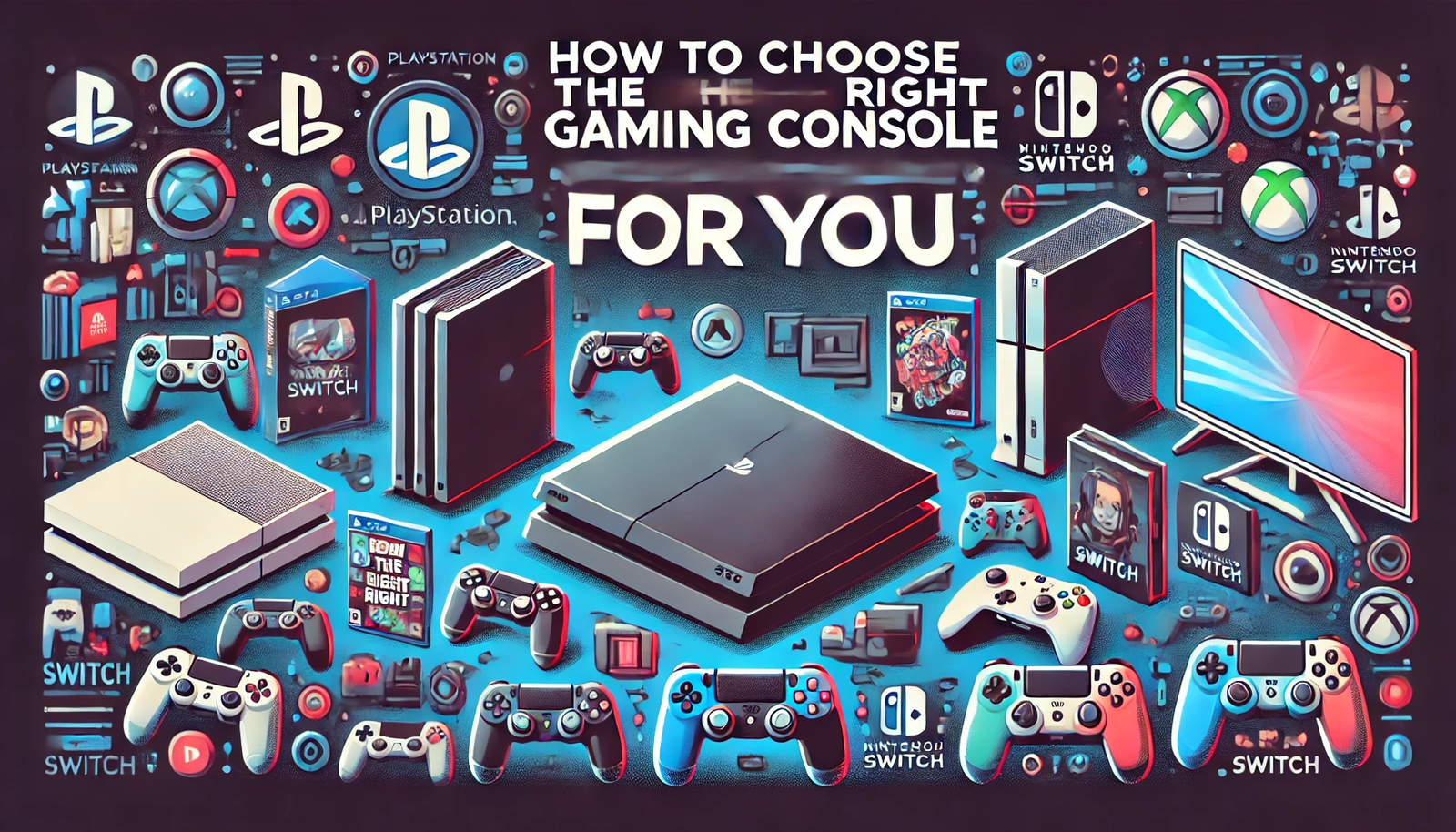 Featured image for the article 'How to Choose the Right Gaming Console for You'. The image displays various popular gaming consoles, including PlayStation, Xbox, and Nintendo Switch. The background includes elements such as game controllers, game covers, and related accessories. The text 'How to Choose the Right Gaming Console for You' is prominently displayed in a clear, modern font, creating an informative and appealing design to help readers make their choice.