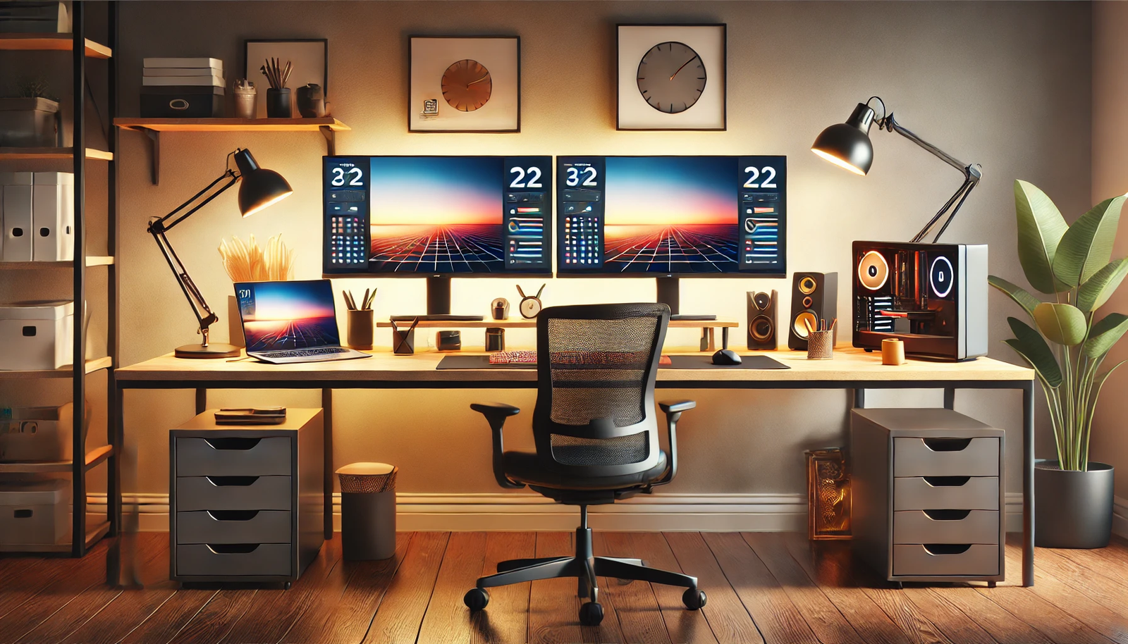 Featured image for the article 'How to Set Up a Dual Monitor Workspace'. The image displays a modern workspace with two monitors on a desk, along with a keyboard, mouse, and laptop. The background includes elements like an ergonomic chair, desk accessories, and good lighting. The text 'How to Set Up a Dual Monitor Workspace' is prominently displayed in a bold and modern font, providing inspiration for creating an efficient dual monitor setup.