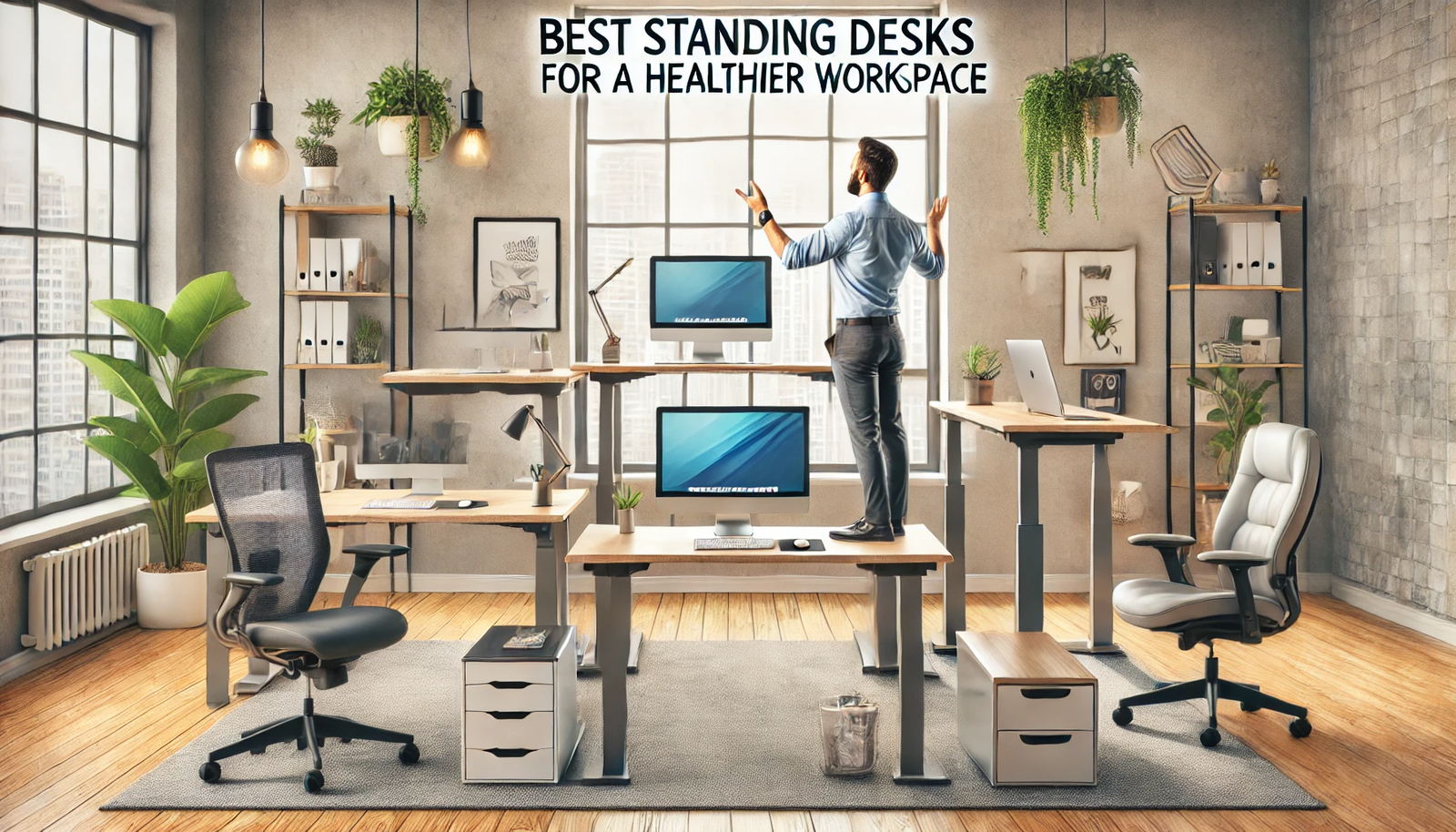 Best Standing Desks for a Healthier Workspace'. The image displays a variety of high-quality standing desks in a modern office setting. The desks include monitors, keyboards, and office accessories. The background features ergonomic chairs, plants, and good lighting. The text 'Best Standing Desks for a Healthier Workspace' is prominently displayed in a bold and modern font, creating an inviting and visually appealing design for readers looking for healthier workspace options.