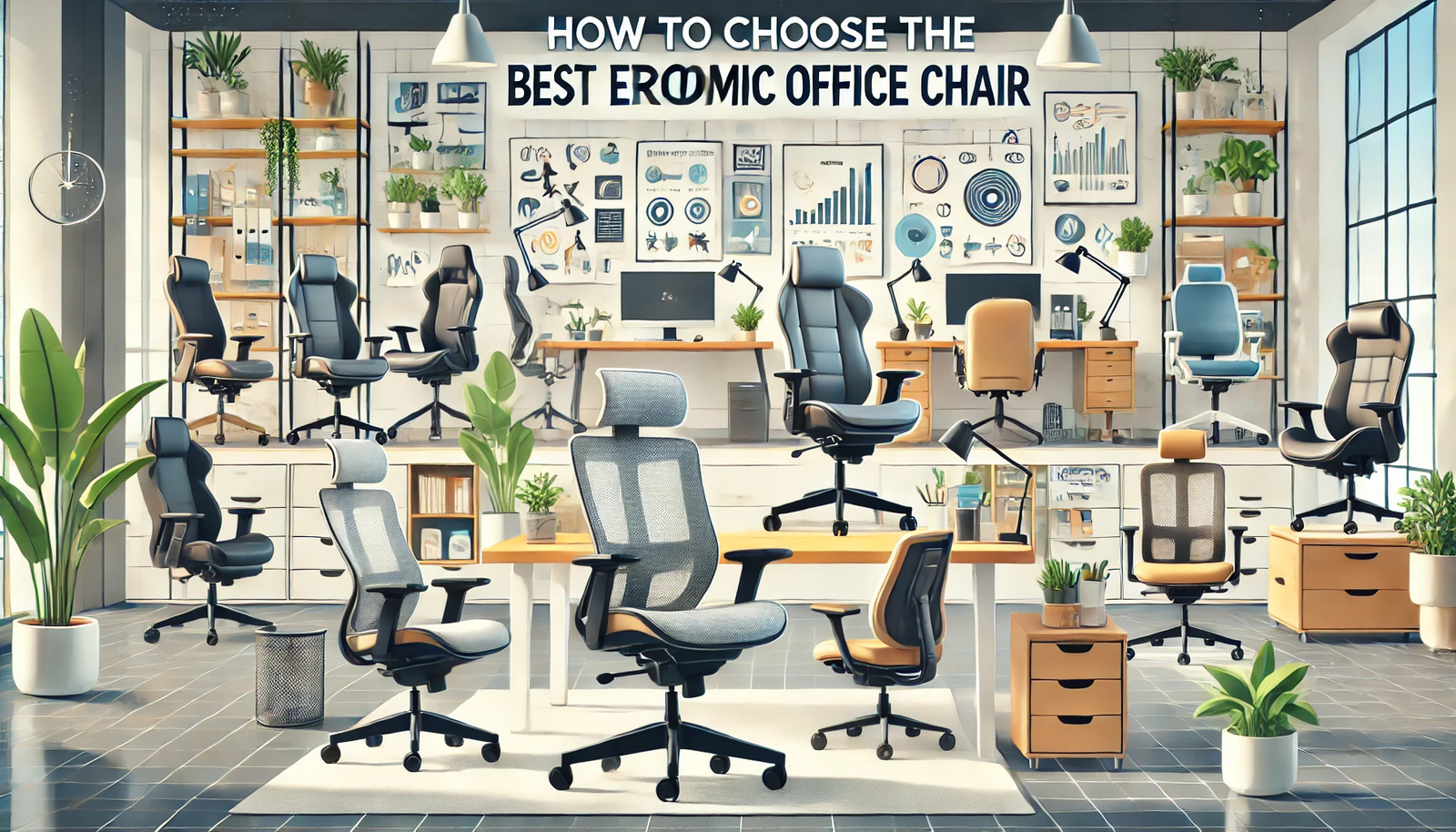 Featured image for the article 'How to Choose the Best Ergonomic Office Chair'. The image displays a variety of high-quality ergonomic office chairs in a modern office setting. Elements such as desks, monitors, and office accessories are included. The background features ergonomic chairs, plants, and good lighting. The text 'How to Choose the Best Ergonomic Office Chair' is prominently displayed in a bold and modern font, creating an inviting and visually appealing design for readers looking for the best ergonomic office chair options.