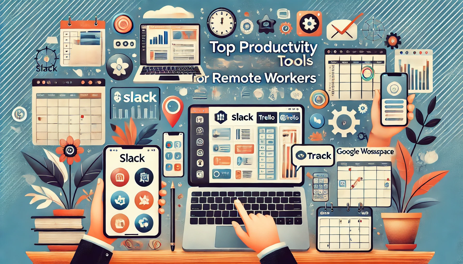 Featured image for the article 'Top Productivity Tools for Remote Workers'. The image displays various devices such as laptops, tablets, and smartphones showing interfaces of popular productivity tools like Slack, Trello, and Google Workspace. The background includes elements such as task lists, calendars, and collaboration symbols. The text 'Top Productivity Tools for Remote Workers' is prominently displayed in a bold and modern font, creating a professional and visually appealing design for readers looking for effective productivity solutions.