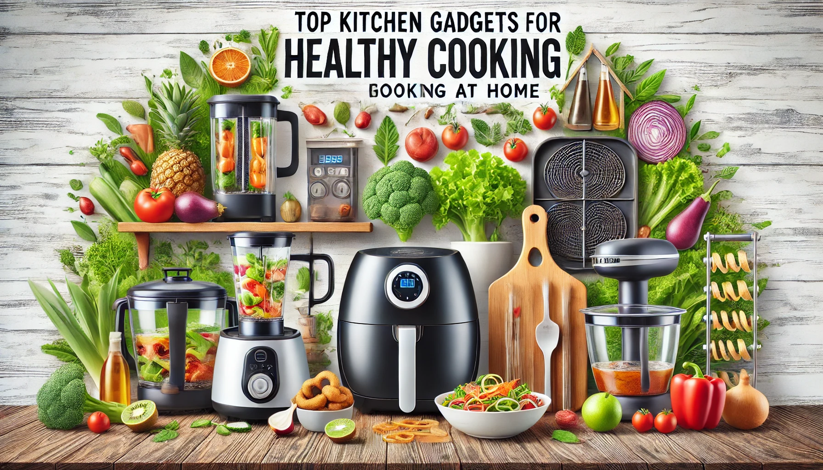 Featured image for the article 'Top Kitchen Gadgets for Healthy Cooking at Home'. The image displays various modern kitchen gadgets such as air fryers, blenders, food processors, and spiralizers. The background includes elements such as fresh vegetables, fruits, and healthy meal preparations. The text 'Top Kitchen Gadgets for Healthy Cooking at Home' is prominently displayed in a bold and modern font, creating an inviting and visually appealing design for readers interested in healthy cooking solutions.