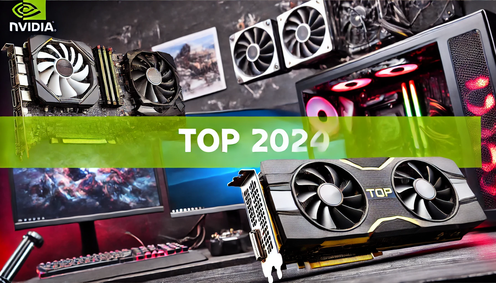 Featured image for the article 'Top Graphics Cards for Gaming in 2024'. The image displays a selection of high-end graphics cards from brands like NVIDIA and AMD. The background includes elements such as PC setups, gaming monitors, and related accessories. The text 'Top Graphics Cards for Gaming in 2024' is prominently displayed in a bold and modern font, creating a sleek and visually appealing design for readers interested in the latest gaming hardware.