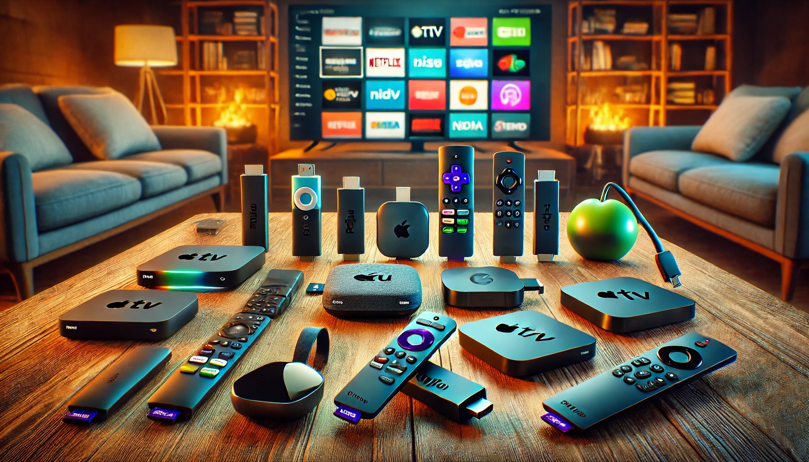 A variety of modern streaming devices displayed on a wooden table. The image includes devices like a Roku Streaming Stick, Amazon Fire TV Stick, Apple TV, Google Chromecast, NVIDIA Shield TV, and TiVo Stream. The background is a cozy living room setting with a large flat-screen TV in the distance, showcasing a streaming app interface. The overall atmosphere is inviting and tech-savvy, highlighting the theme of cutting the cord.