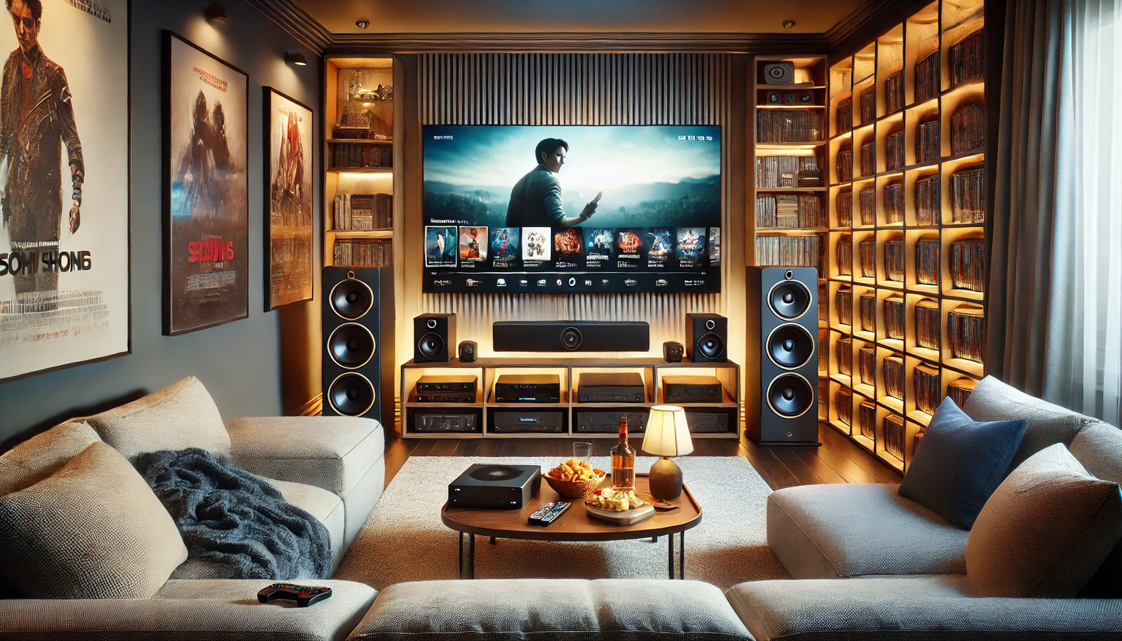 A home theater setup in a cozy living room, featuring a large flat-screen TV, high-quality speakers, a soundbar, a comfortable sofa, and a coffee table with a remote control, snacks, and a projector. The room is elegantly decorated with ambient lighting and wall-mounted movie posters, creating an inviting and luxurious atmosphere for an immersive home theater experience.