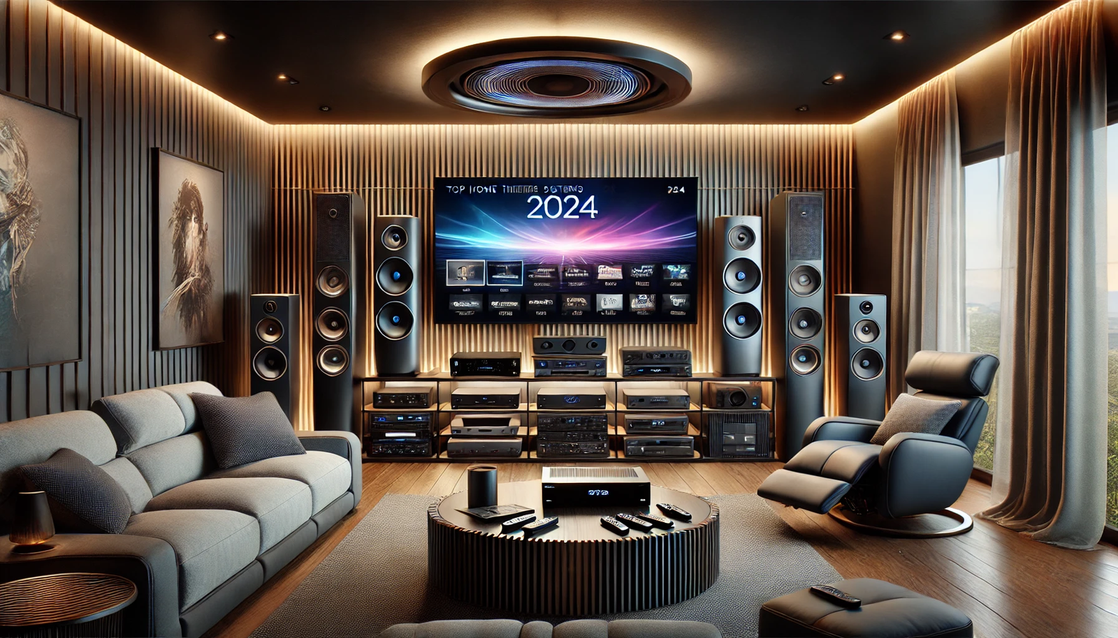 A selection of top home theater systems for 2024 in a modern living room, featuring a large 4K Ultra HD TV, a state-of-the-art sound system with speakers and a subwoofer, a Blu-ray player, and a streaming device. The room includes a stylish entertainment center, a reclining sofa, and dimmable ambient lighting, creating a sophisticated and high-tech atmosphere for home entertainment.