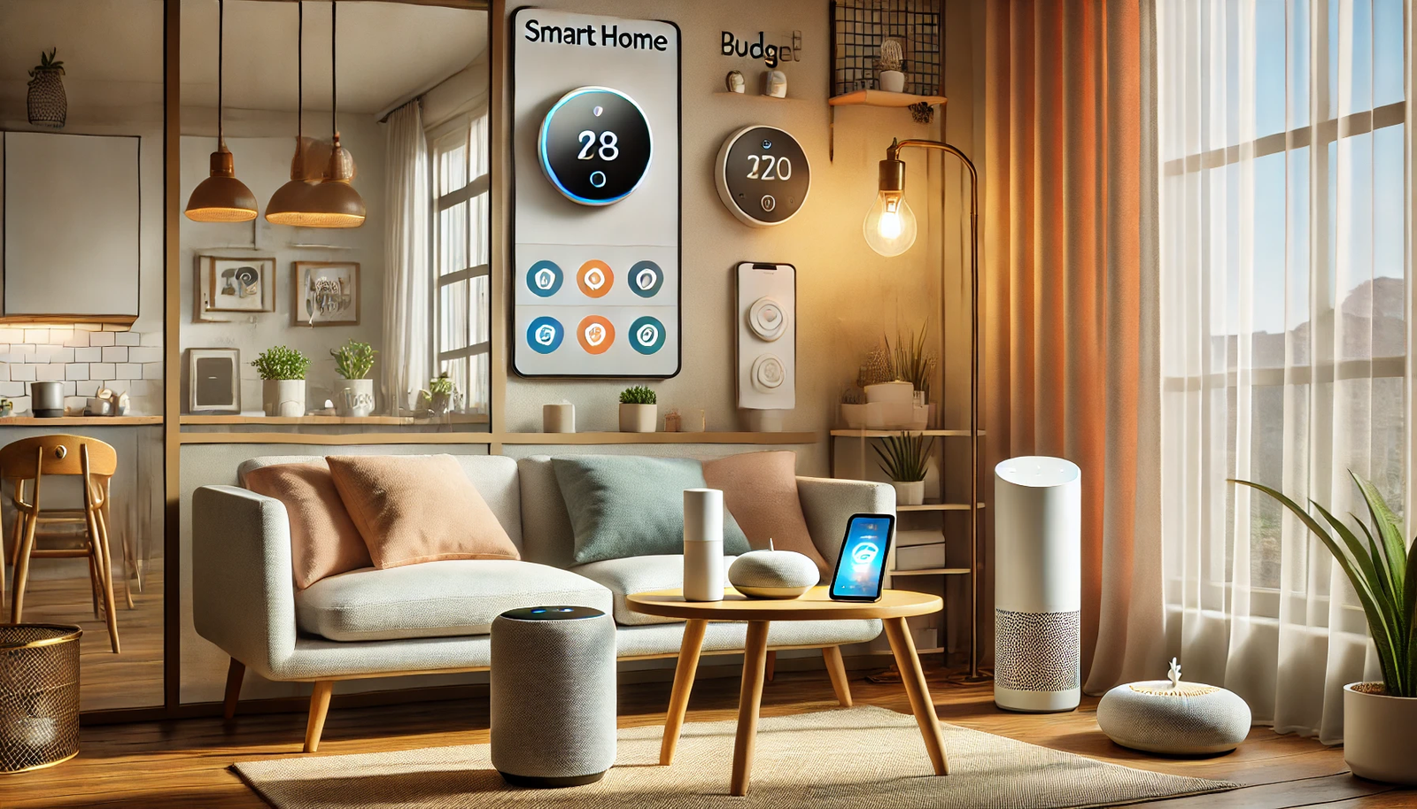 A budget-friendly smart home setup in a modern apartment, featuring affordable smart devices like a smart plug controlling a lamp, a budget smart speaker with voice assistant capabilities, and a basic smart thermostat on the wall. A smartphone on the coffee table displays an app for controlling smart home devices. The room has simple but stylish furniture, a cozy sofa, a small table with a plant, and decorative elements, illustrating how to create a smart home without breaking the bank.