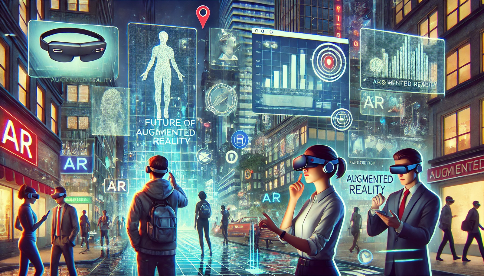 A futuristic scene illustrating the future of augmented reality (AR) with trends and predictions. The image features people wearing advanced AR glasses interacting with digital information overlaid in the real world. Examples include a person navigating a city with virtual maps, another engaging in an AR gaming experience, and a professional using AR for remote work collaboration. The environment is a bustling urban landscape with digital advertisements and interactive AR elements, highlighting how augmented reality is expected to evolve and integrate into everyday life, transforming various industries.