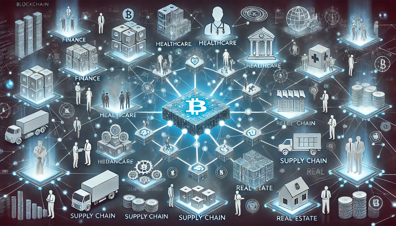 An illustration depicting how blockchain technology is transforming various industries, featuring a central blockchain network represented by interconnected blocks and chains, with branches extending to sectors like finance, healthcare, supply chain, and real estate. Each sector displays relevant symbols: digital currency for finance, medical records for healthcare, a logistics network for supply chain, and property deeds for real estate. People interact with digital interfaces representing blockchain applications, highlighting blockchain's role in enhancing security, transparency, and efficiency across industries.