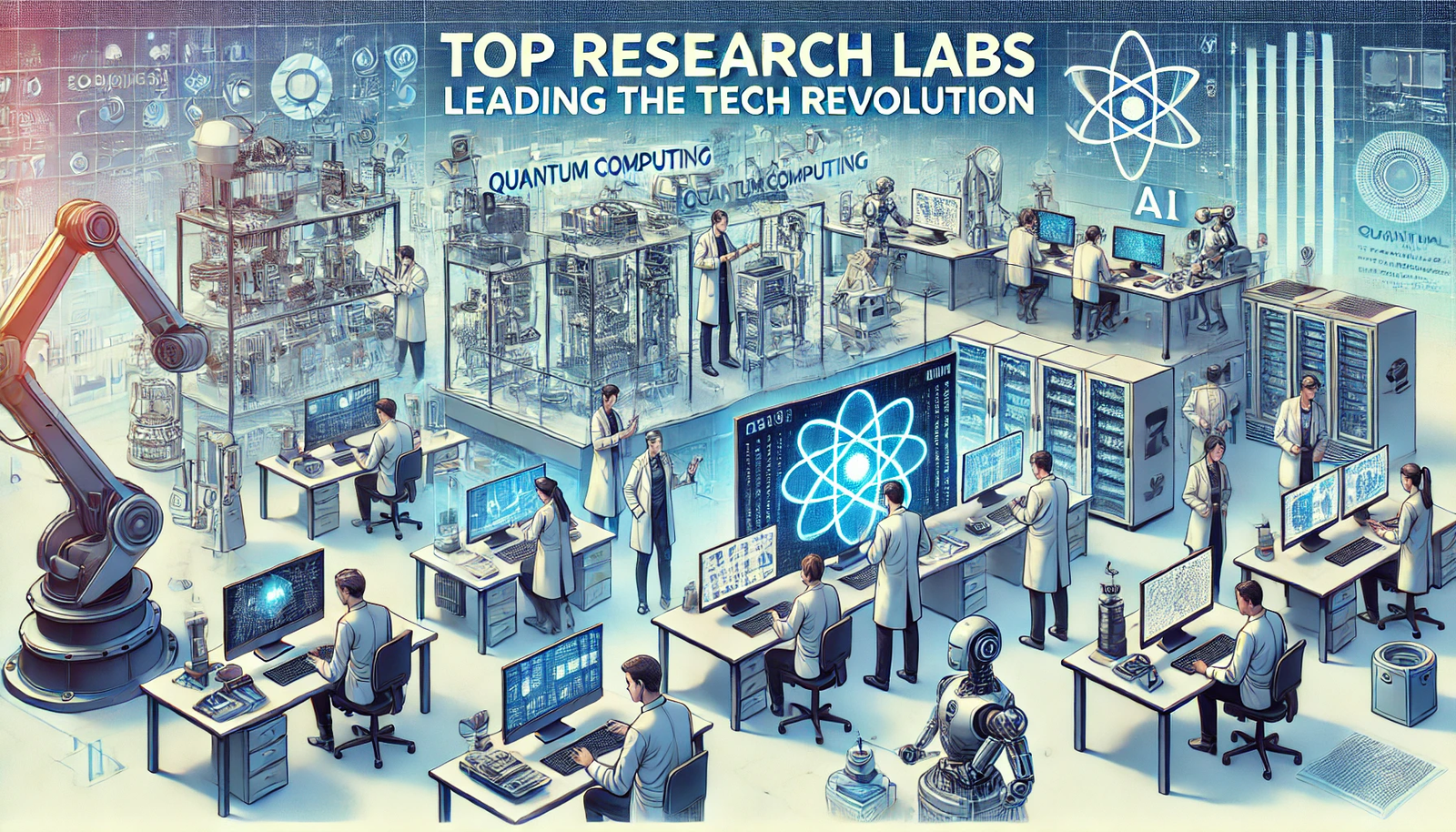 An illustration of top research labs leading the tech revolution, featuring a high-tech laboratory with scientists and engineers working on groundbreaking projects. Advanced technologies like robotics, quantum computing, and AI systems are prominently displayed. Researchers collaborate over digital interfaces and examine data on large screens. The lab is filled with cutting-edge equipment such as robotic arms, neural network models, and augmented reality devices, highlighting the pioneering role of these labs in driving technological advancements and shaping the future of technology.